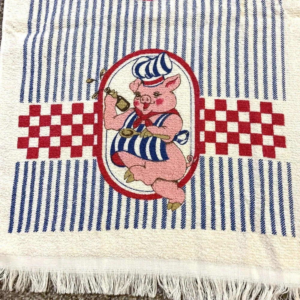 VTG CANNON Hand Kitchen Towel Fringe‎ 70s NOS Farmhouse Pig Chef Plaid Stripe